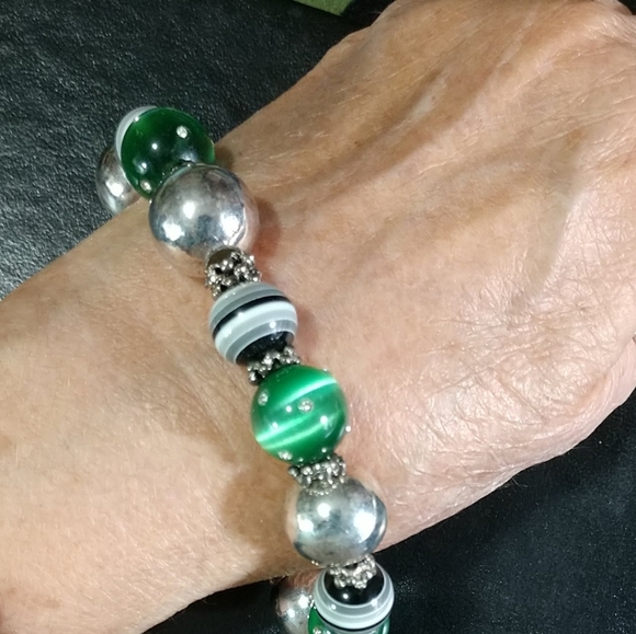 🎄Large Bracelet Glass Fluorite Beads with Rhinestones Sterling Silver Beads NEW - Picture 5 of 9